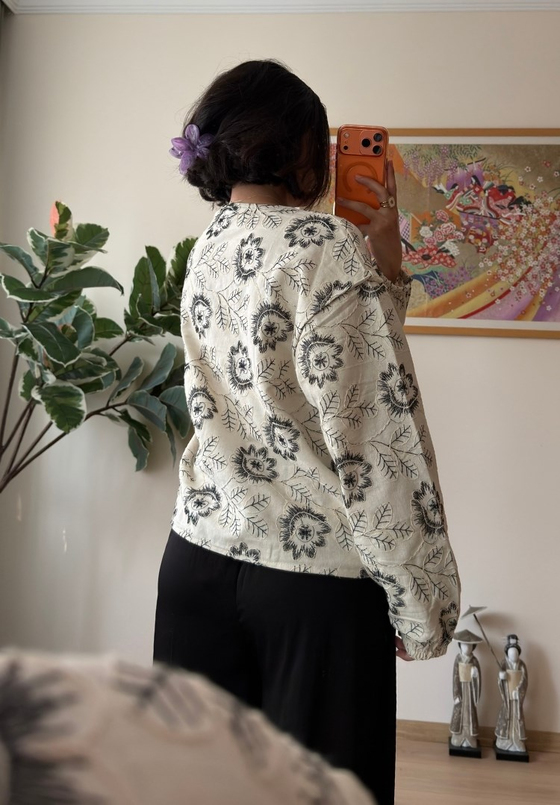Maika Nakışlı Keten Bomber Ceket Siyah