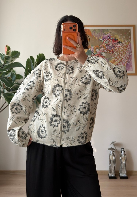 Maika Nakışlı Keten Bomber Ceket Siyah