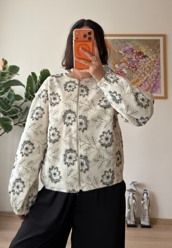 Maika Nakışlı Keten Bomber Ceket Siyah