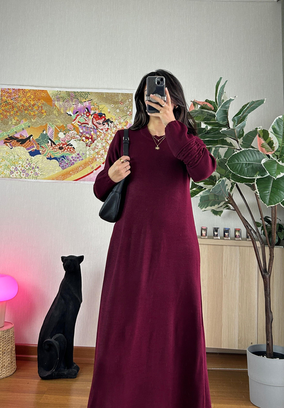 Megumi Triko Elbise Bordo