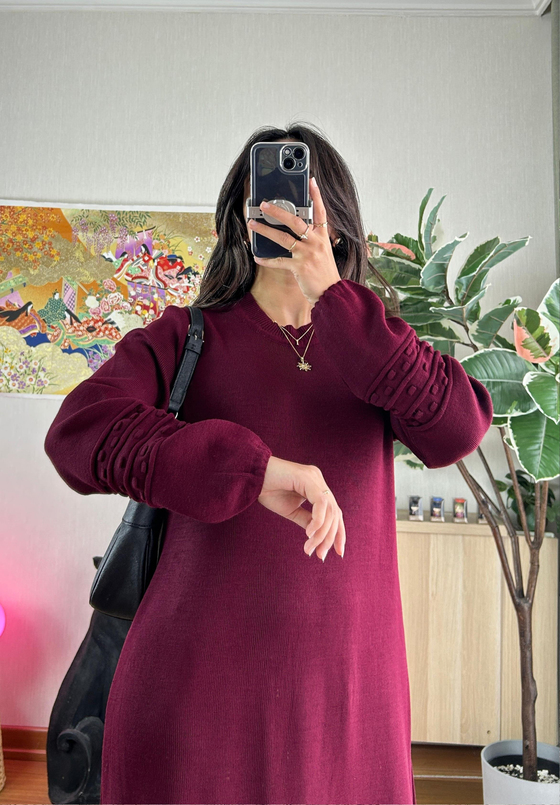 Megumi Triko Elbise Bordo