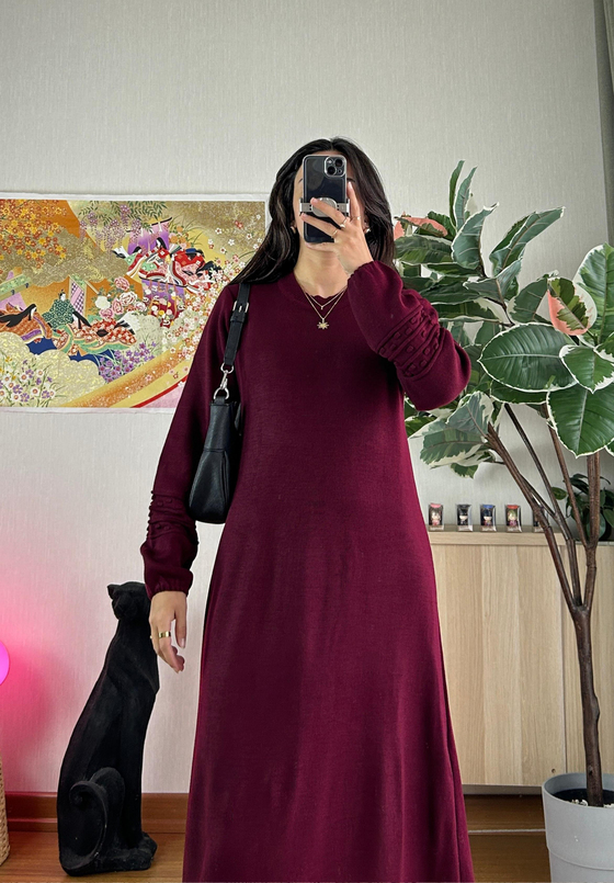 Megumi Triko Elbise Bordo