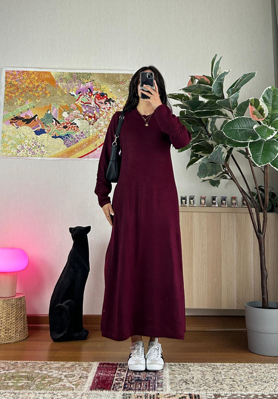 Megumi Triko Elbise Bordo