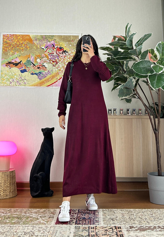 Megumi Triko Elbise Bordo