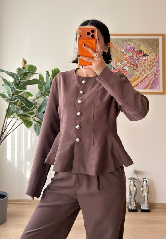 Metal Düğmeli Peplum Ceket Kahve