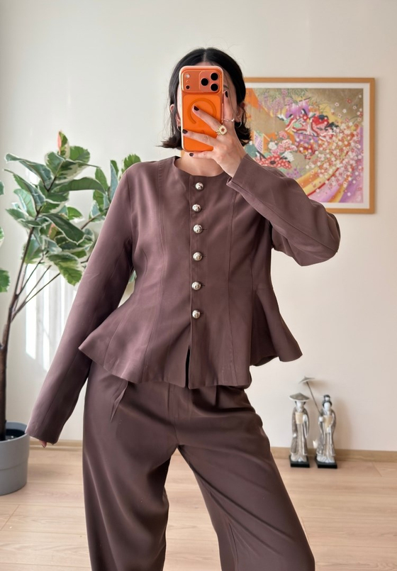 Metal Düğmeli Peplum Ceket Kahve