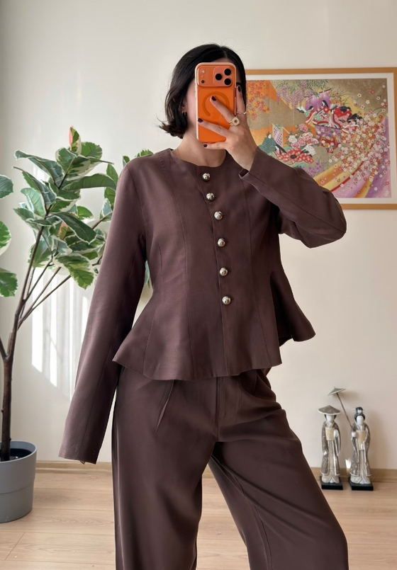 Metal Düğmeli Peplum Ceket Kahve