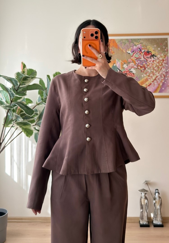Metal Düğmeli Peplum Ceket Kahve