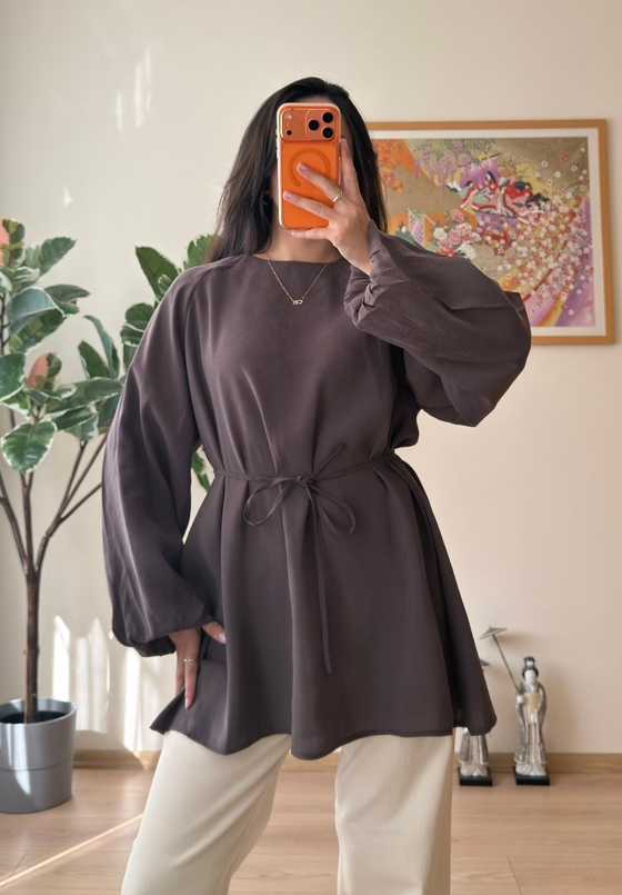 Miki Beli Büzgülü Tunik Kahve