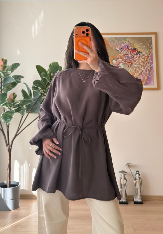 Miki Beli Büzgülü Tunik Kahve