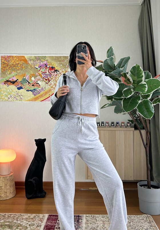 Mio Crop Yüksek Bel Takım Gri