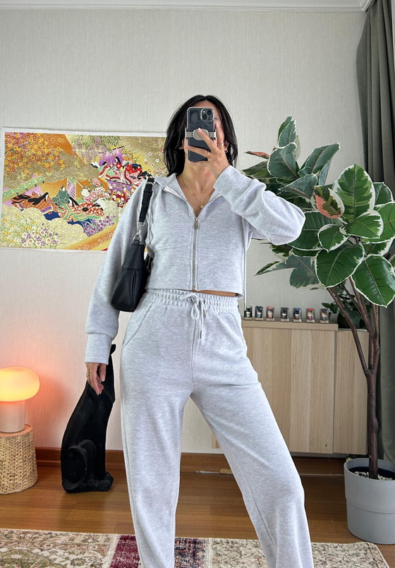 Mio Crop Yüksek Bel Takım Gri