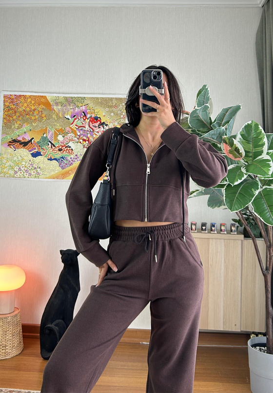 Mio Crop Yüksek Bel Takım Kahve