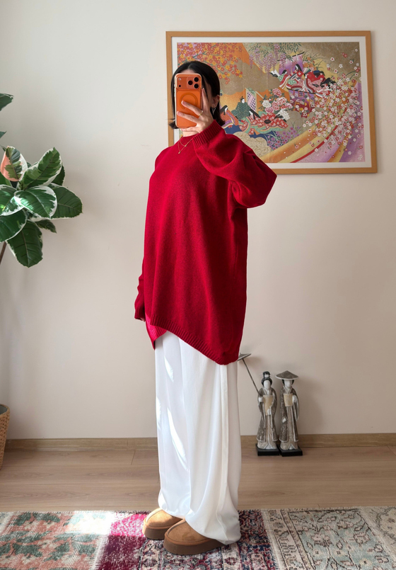 Mirua Basic Oversize Triko Kazak Kırmızı