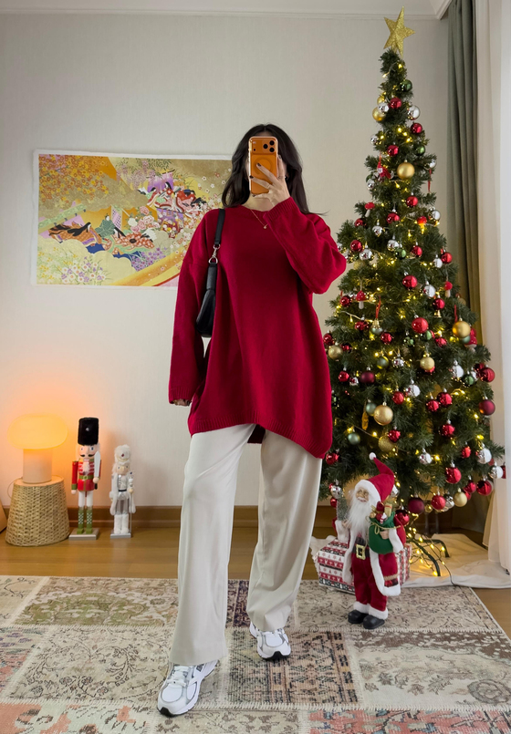 Mirua Basic Oversize Triko Kazak Kırmızı