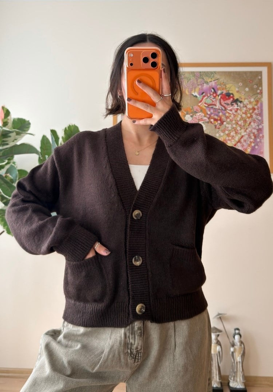 Miyuko Basic Çift Cepli Hırka Kahve
