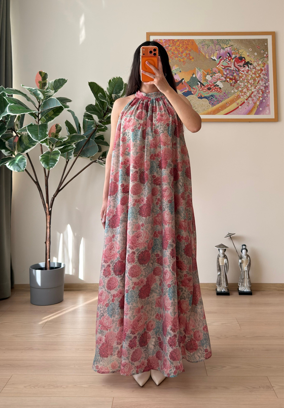 Momoka Yaka Bağcık Çiçek Desenli Elbise