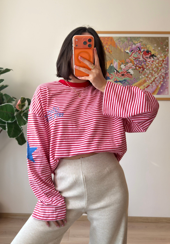 Paris Baskılı Çizgili Oversize Sweatshirt
