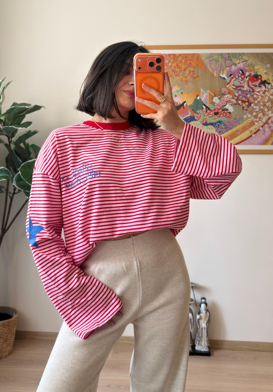 Paris Baskılı Çizgili Oversize Sweatshirt