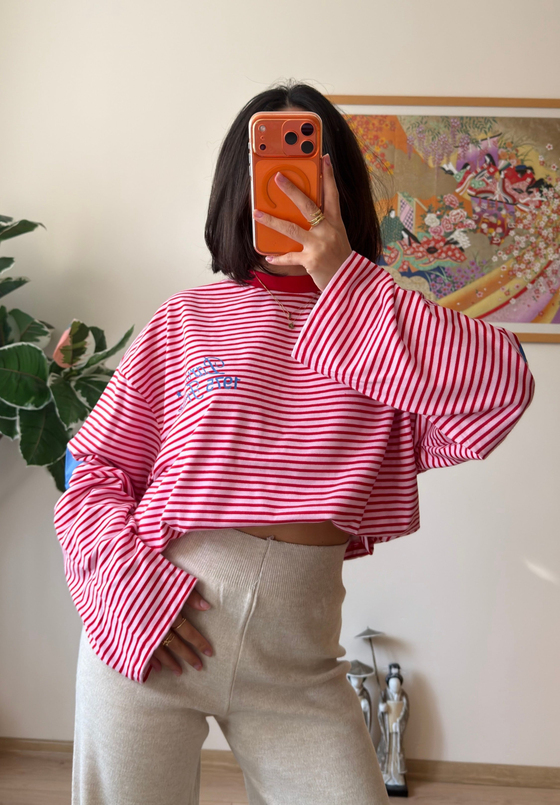Paris Baskılı Çizgili Oversize Sweatshirt