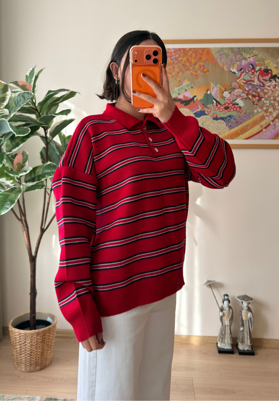 Polo Yaka Çizgili Oversize Triko Kazak Kırmızı