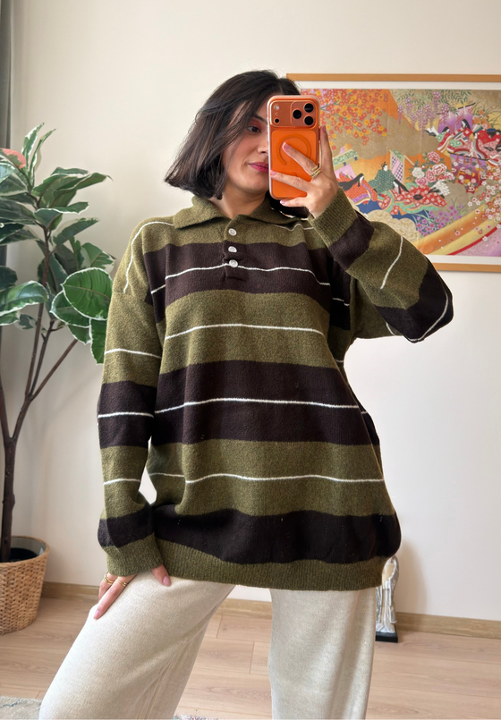 Polo Yaka Çizgili Yumoş Oversize Triko Kazak Haki