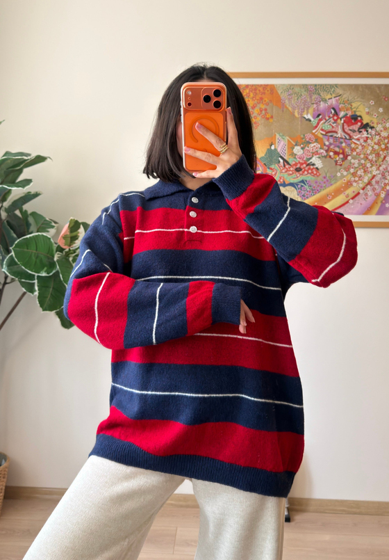 Polo Yaka Çizgili Yumoş Oversize Triko Kazak Lacivert