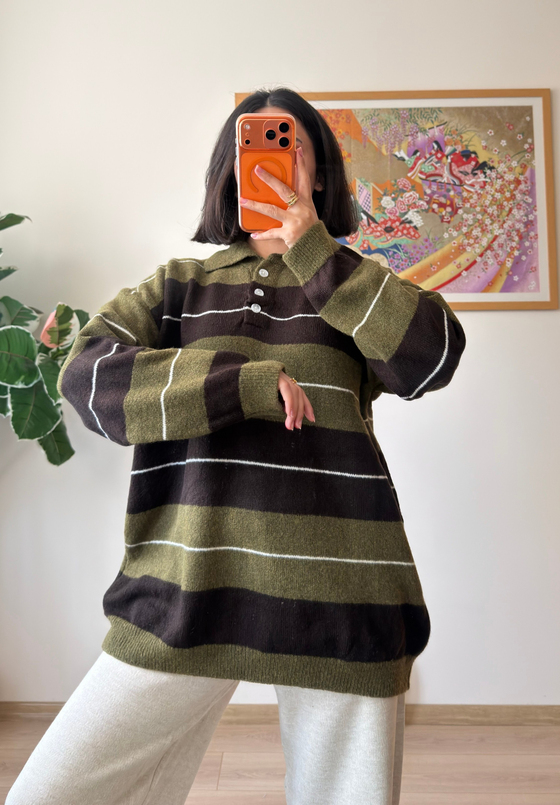 Polo Yaka Çizgili Yumoş Oversize Triko Kazak Haki