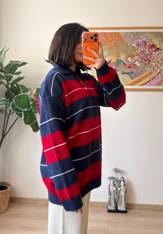Polo Yaka Çizgili Yumoş Oversize Triko Kazak Lacivert