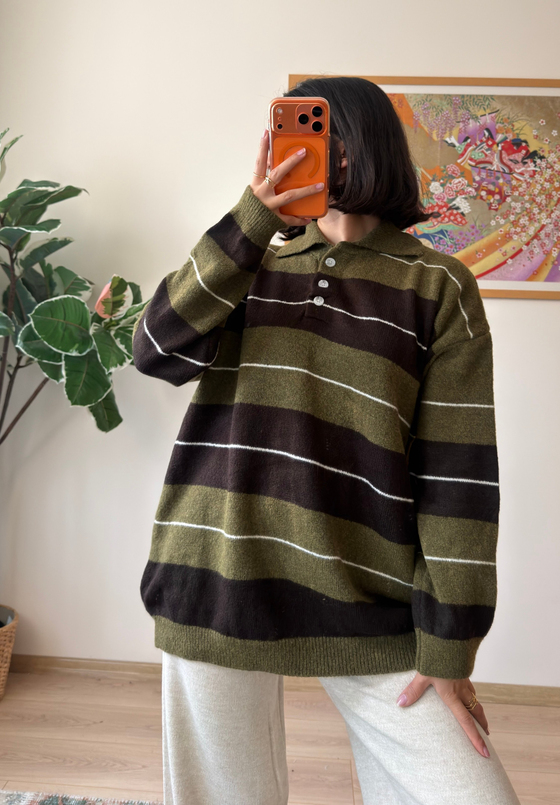 Polo Yaka Çizgili Yumoş Oversize Triko Kazak Haki