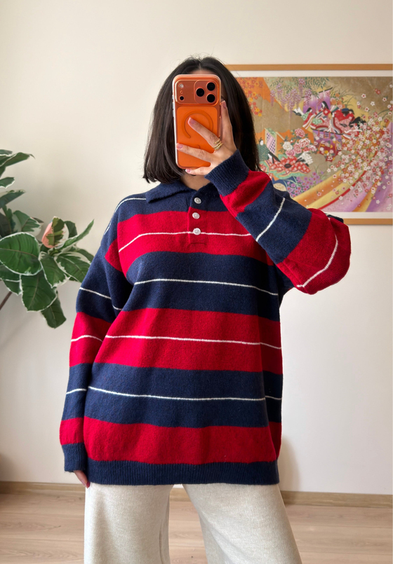 Polo Yaka Çizgili Yumoş Oversize Triko Kazak Lacivert