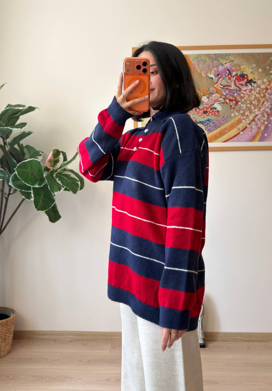 Polo Yaka Çizgili Yumoş Oversize Triko Kazak Lacivert