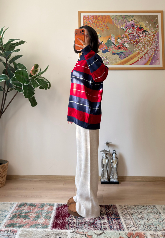 Polo Yaka Çizgili Yumoş Oversize Triko Kazak Lacivert
