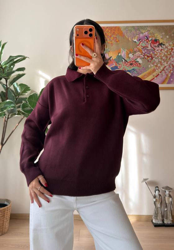 Polo Yaka Düğmeli Oversize Triko Kazak Bordo