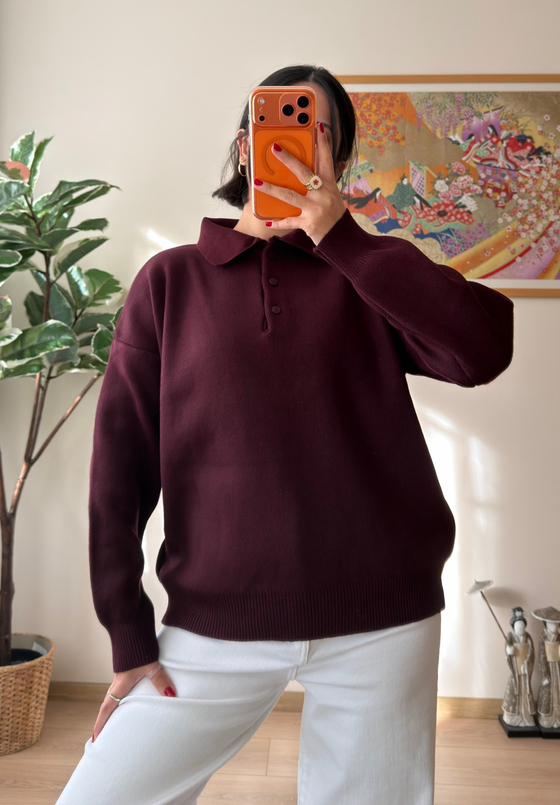 Polo Yaka Düğmeli Oversize Triko Kazak Bordo