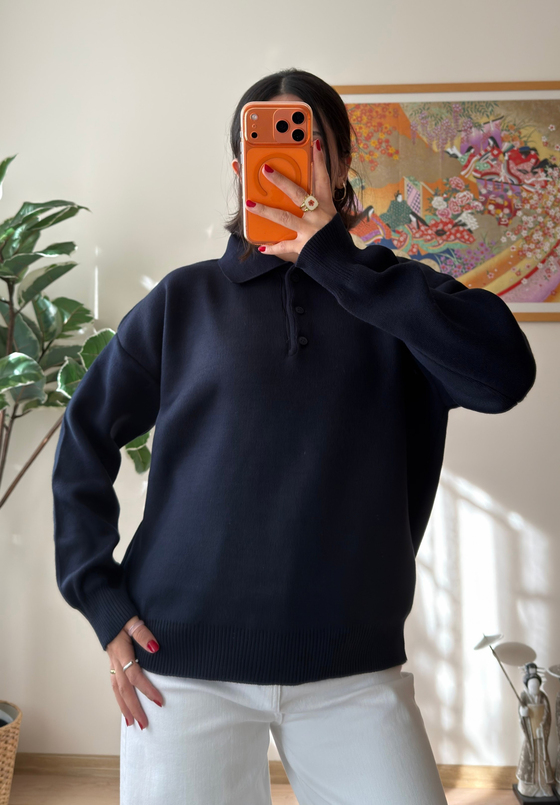 Polo Yaka Düğmeli Oversize Triko Kazak Lacivert