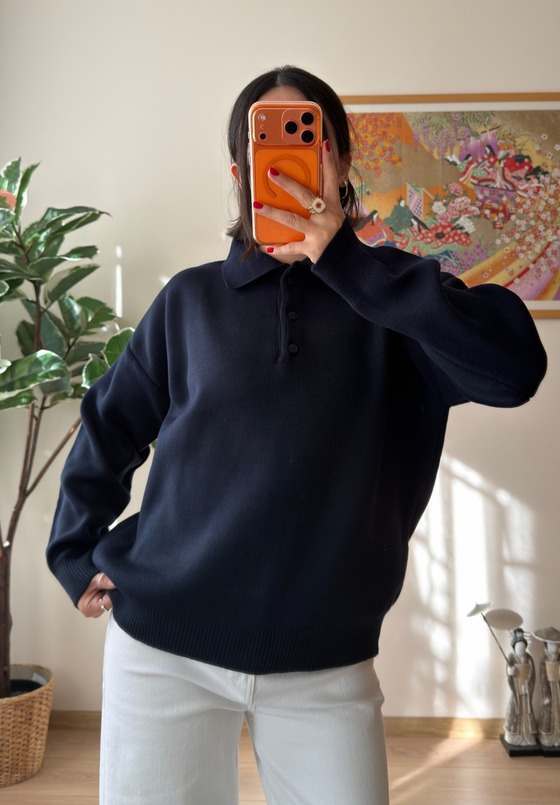 Polo Yaka Düğmeli Oversize Triko Kazak Lacivert