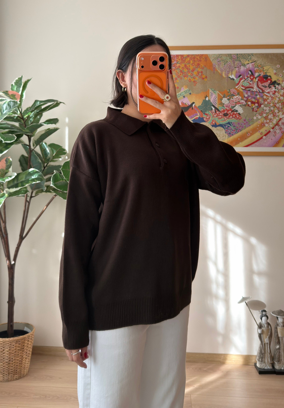 Polo Yaka Düğmeli Oversize Triko Kazak Kahve