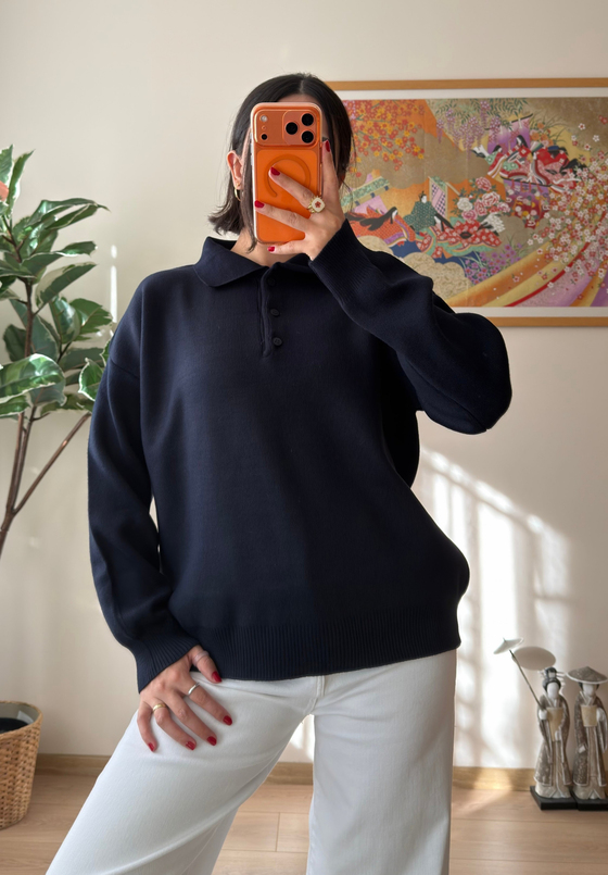 Polo Yaka Düğmeli Oversize Triko Kazak Lacivert