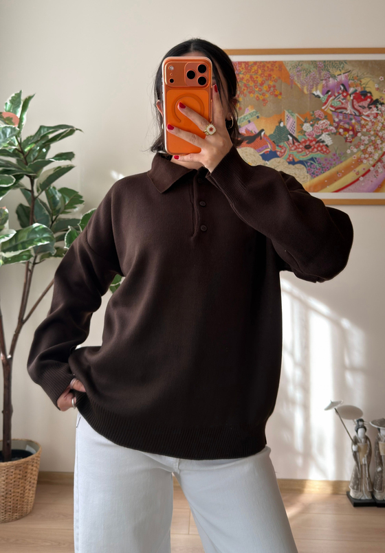 Polo Yaka Düğmeli Oversize Triko Kazak Kahve