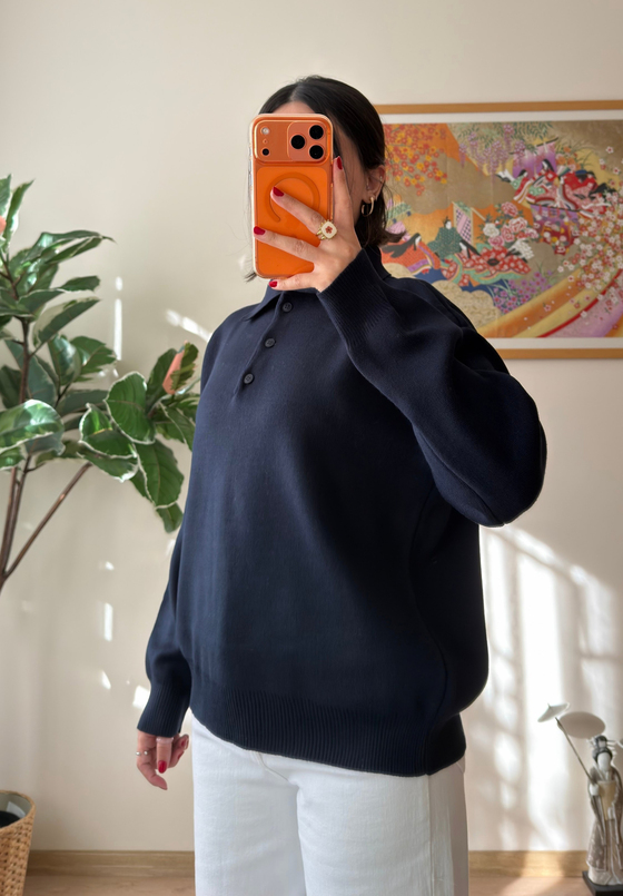 Polo Yaka Düğmeli Oversize Triko Kazak Lacivert