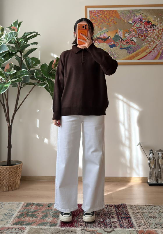 Polo Yaka Düğmeli Oversize Triko Kazak Kahve