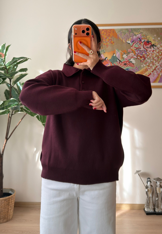 Polo Yaka Düğmeli Oversize Triko Kazak Bordo