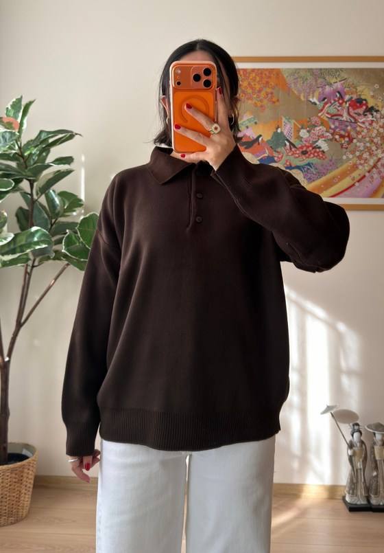 Polo Yaka Düğmeli Oversize Triko Kazak Kahve