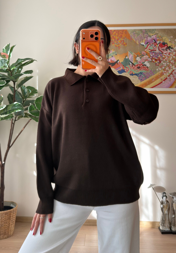 Polo Yaka Düğmeli Oversize Triko Kazak Kahve
