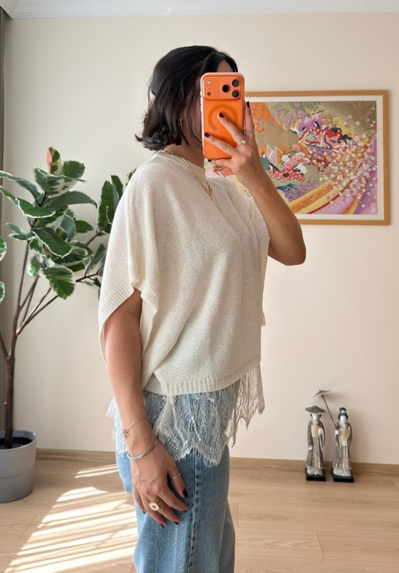 Rena Dantel Detaylı Triko Bluz Ekru