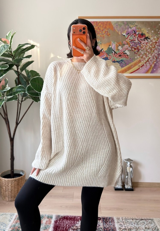 Riane Çizgi Detalı Oversize Kazak Bej