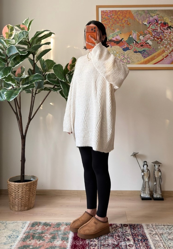 Riane Çizgi Detalı Oversize Kazak Bej