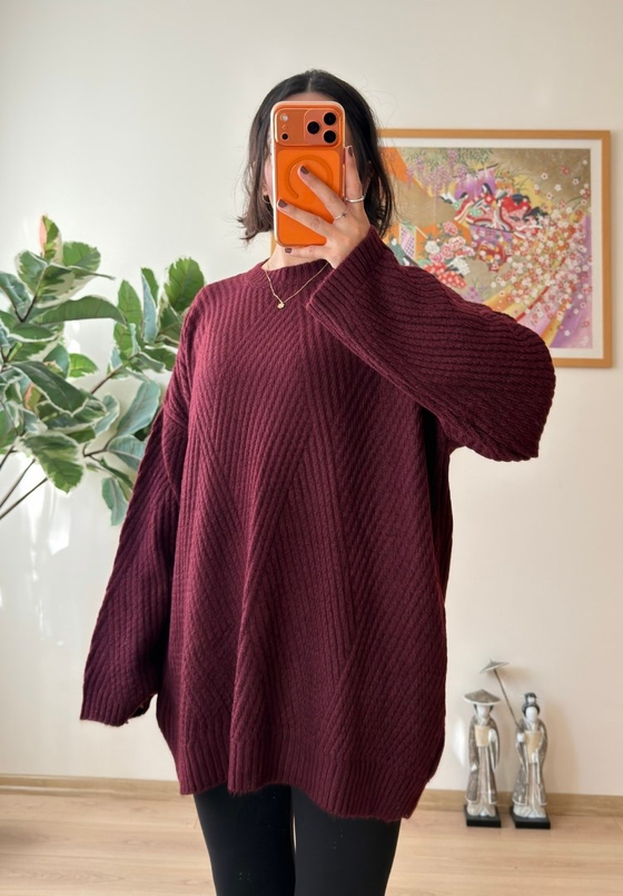 Riane Çizgi Detalı Oversize Kazak Bordo