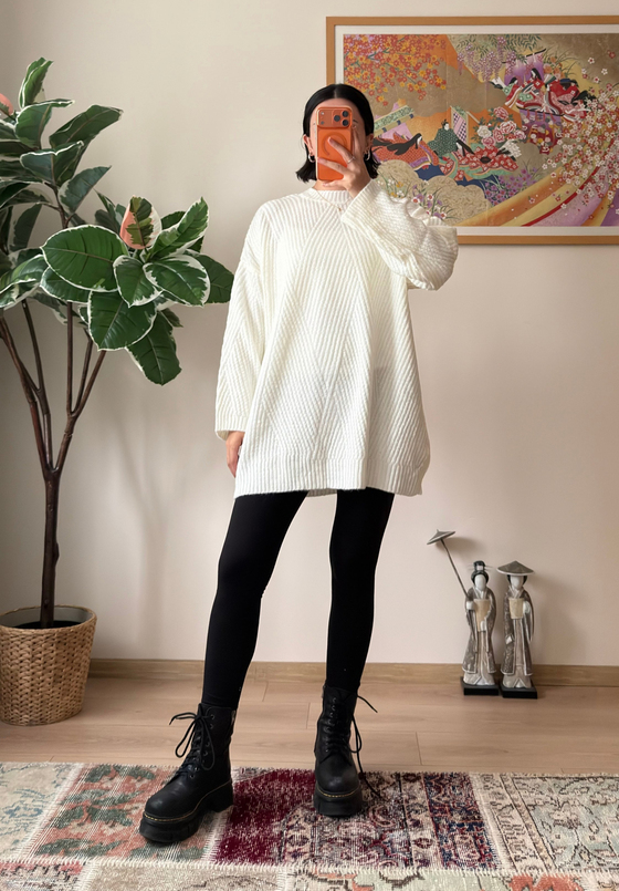 Riane Çizgi Detalı Oversize Kazak Ekru